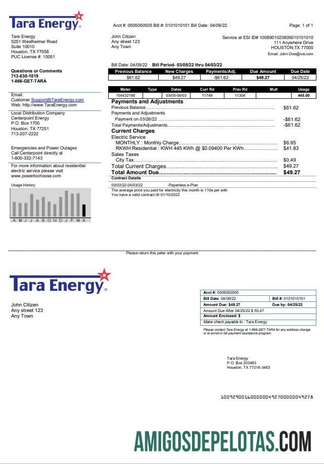 realista Modelo de conta de serviços públicos de energia EUA Texas Tara em formato Word e PDF